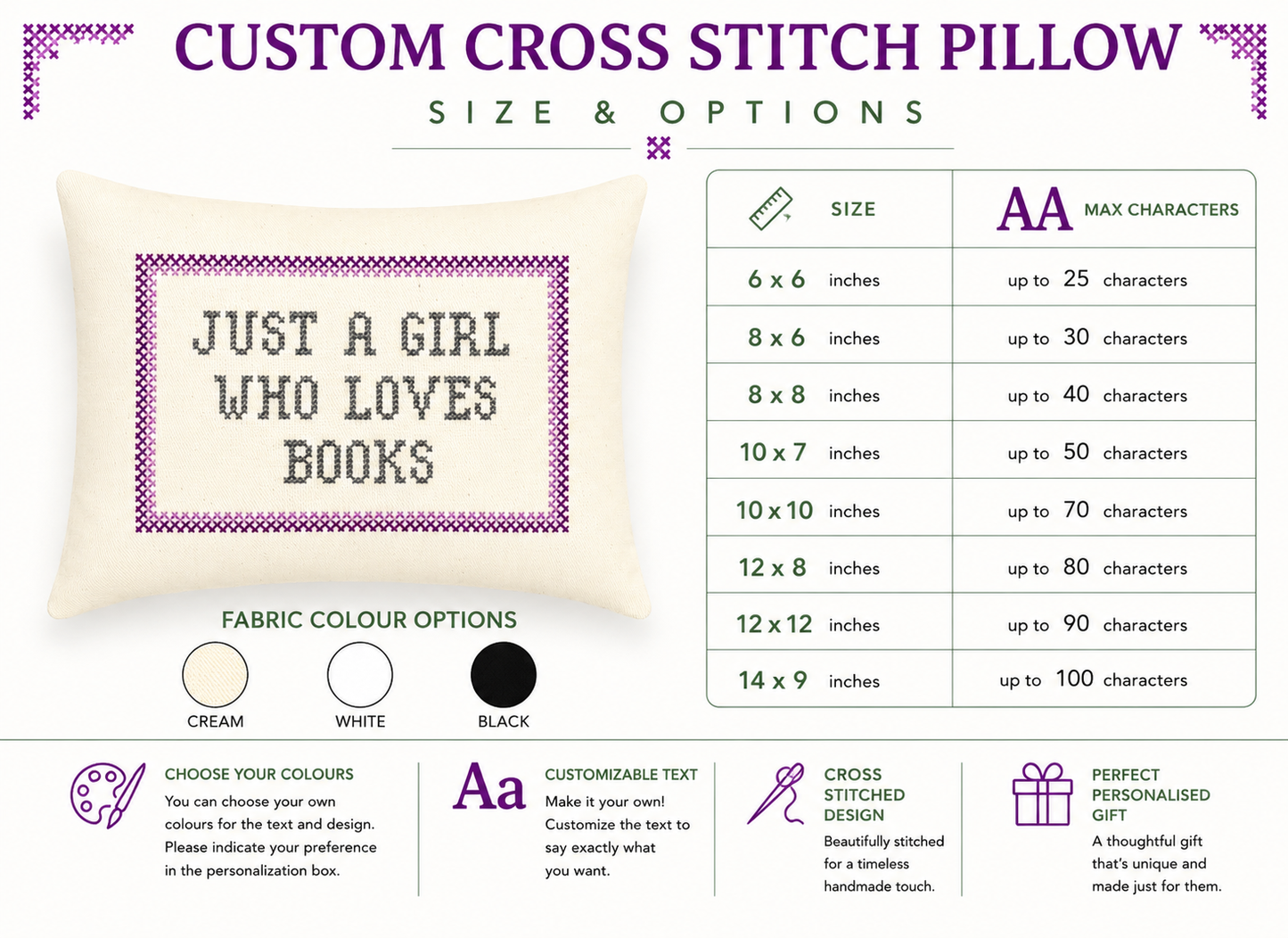 Custom cross stitch pillow with text 'Just a girl who loves books' and size options chart.