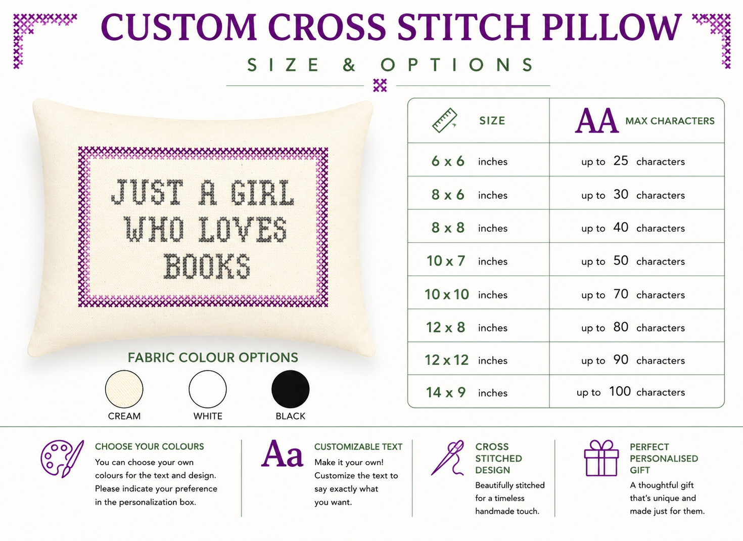 Custom cross stitch pillow with text 'Just a girl who loves books' and size options chart.