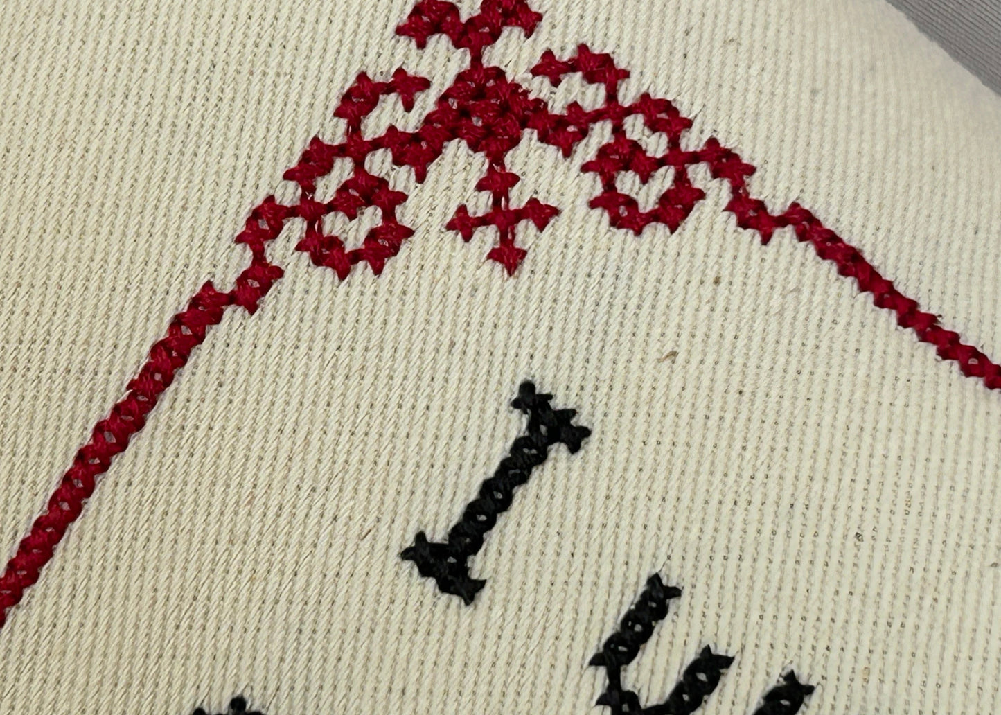 Embroidered design on fabric with red floral pattern and black text.