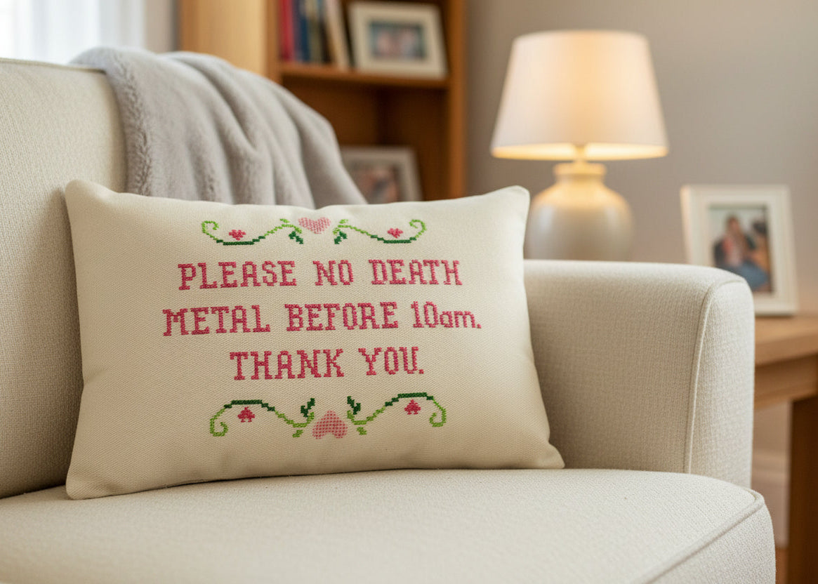 Decorative pillow with cross-stitch text on a couch in a living room setting