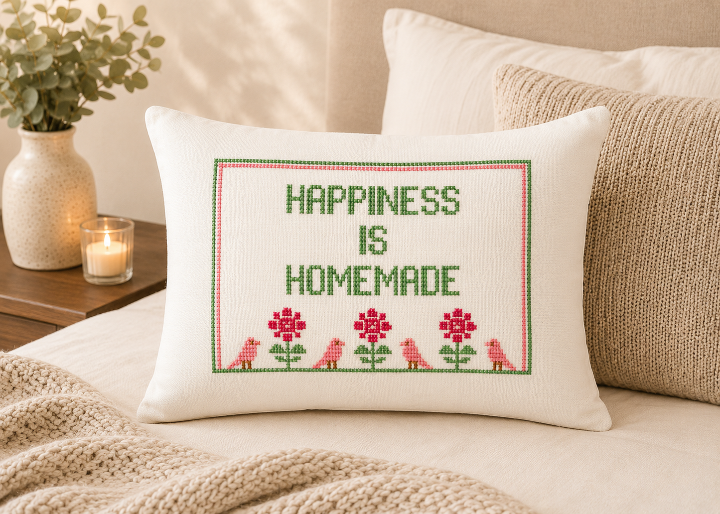 Decorative pillow with cross-stitched text on a couch, surrounded by pillows and a candle.