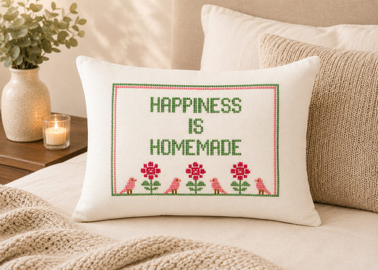 Decorative pillow with cross-stitched text on a couch, surrounded by pillows and a candle.