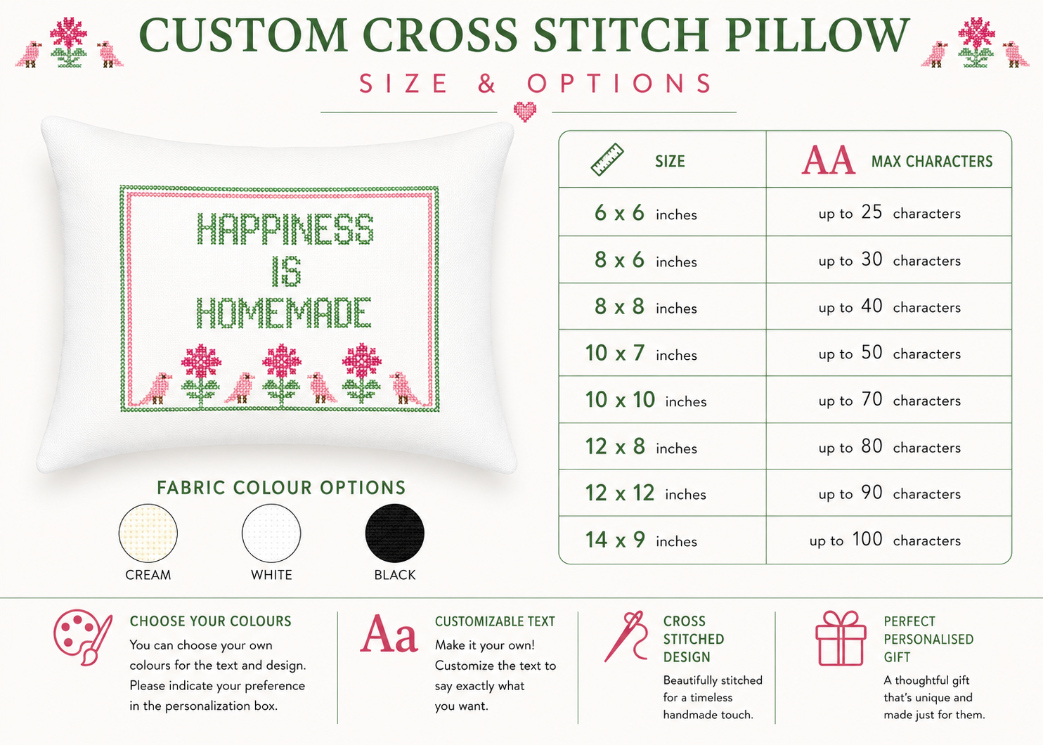 Custom cross stitch pillow size and options chart with a sample design and fabric color options.