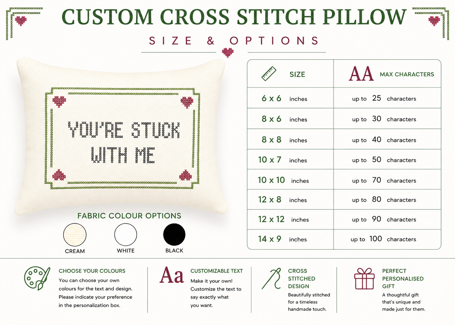 Custom cross stitch pillow size and options chart with customizable text feature.