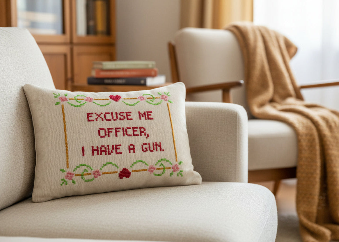 Decorative pillow with text on a couch in a living room setting
