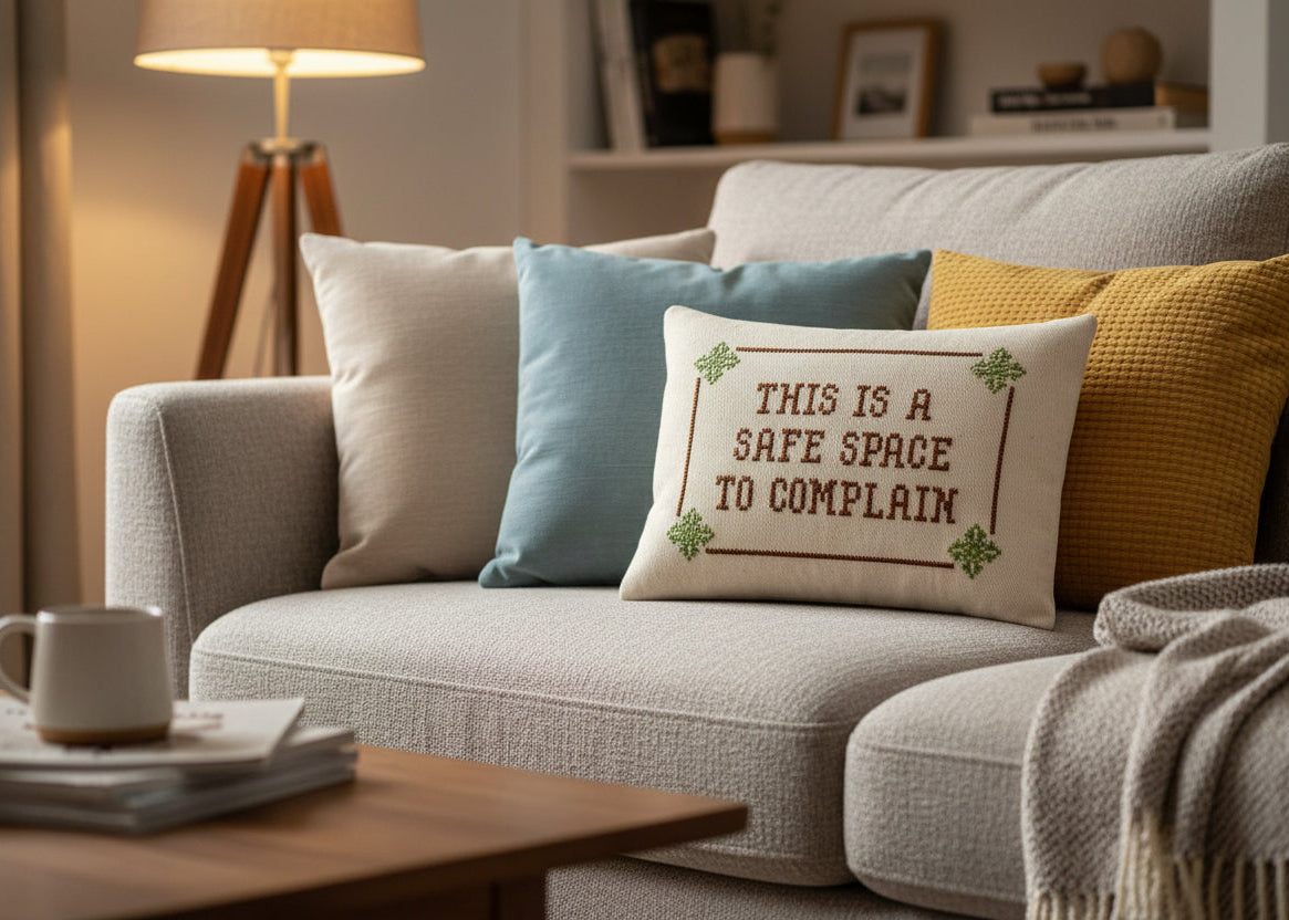 Cozy living room with a couch featuring a pillow that reads 'This is a safe space to complain', a lamp, and a coffee cup on a table.