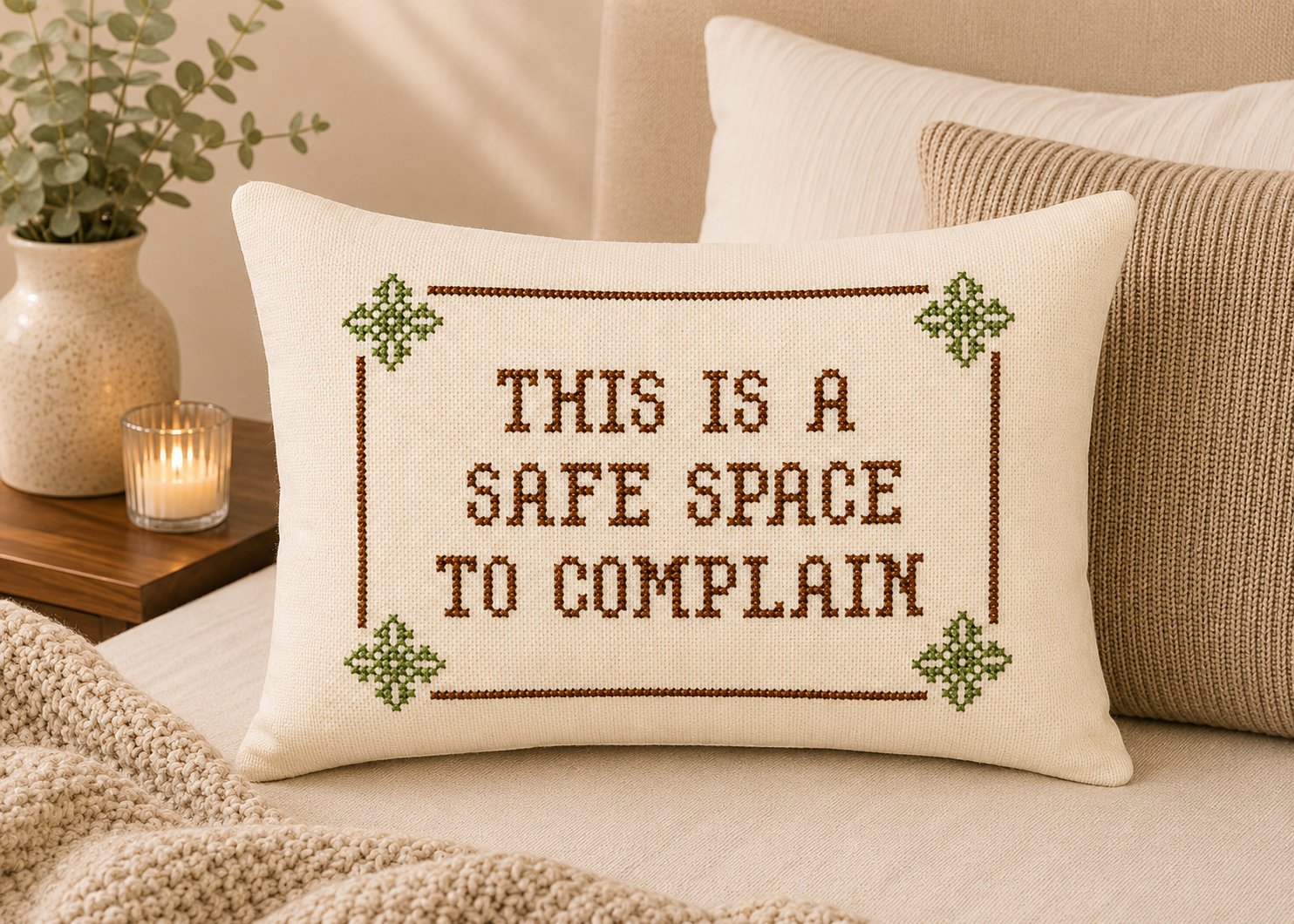 Decorative pillow with 'This is a safe space to complain' text on a bed.