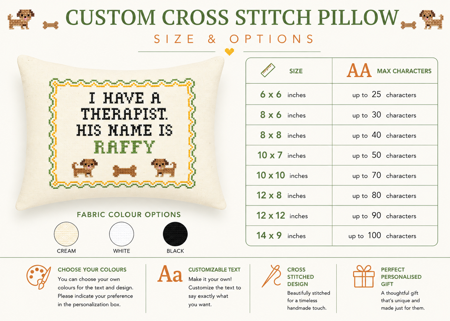 Custom cross stitch pillow with text 'I have a therapist. His name is Raffy' and size options chart.