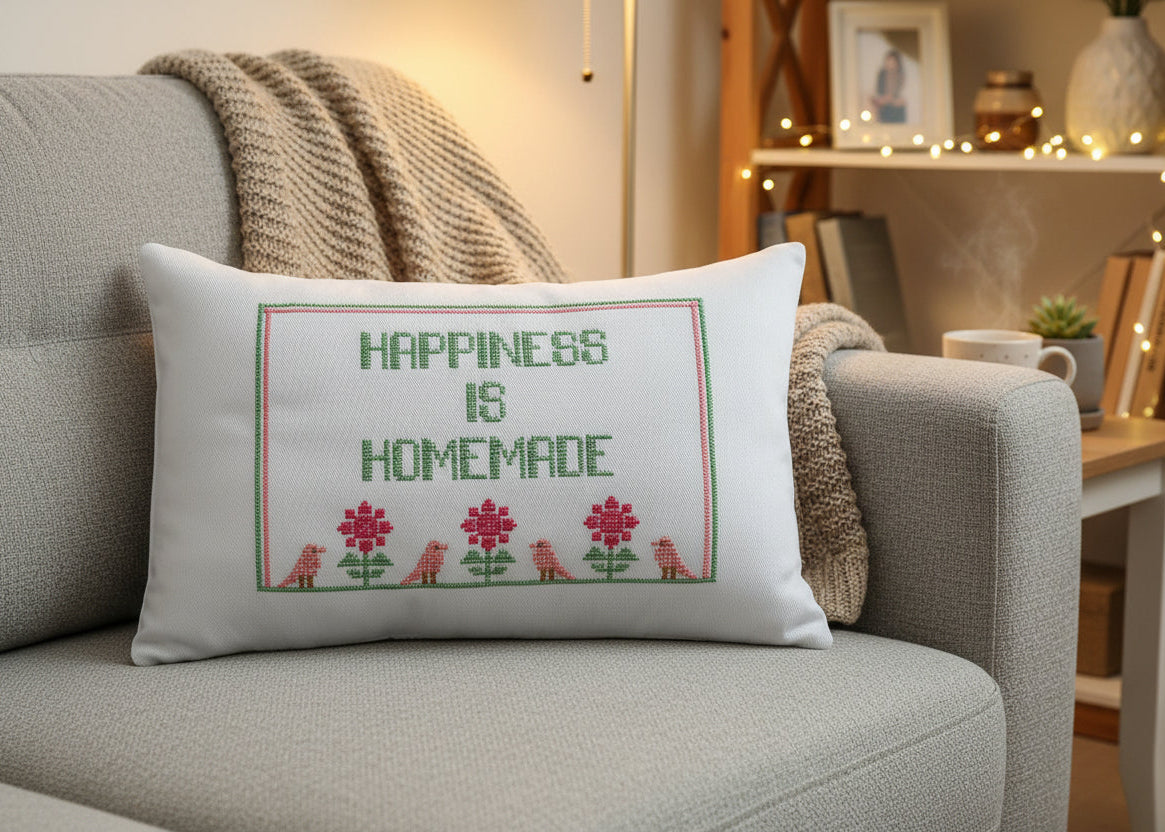 Decorative pillow with 'Happiness is Homemade' text and floral design on a star-patterned background.