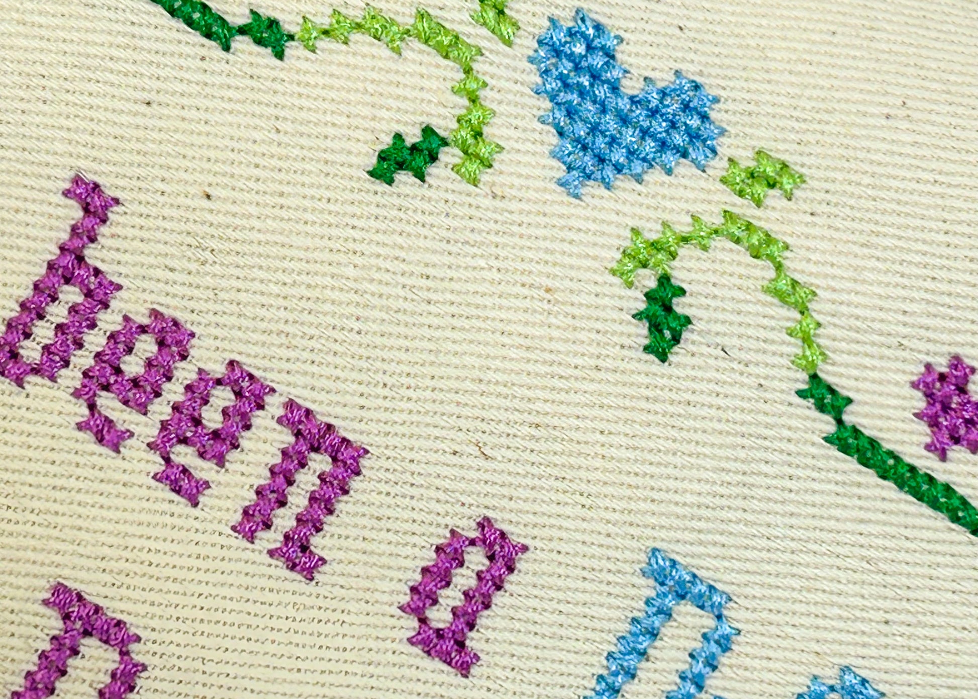 Close-up of embroidered text and floral patterns on fabric