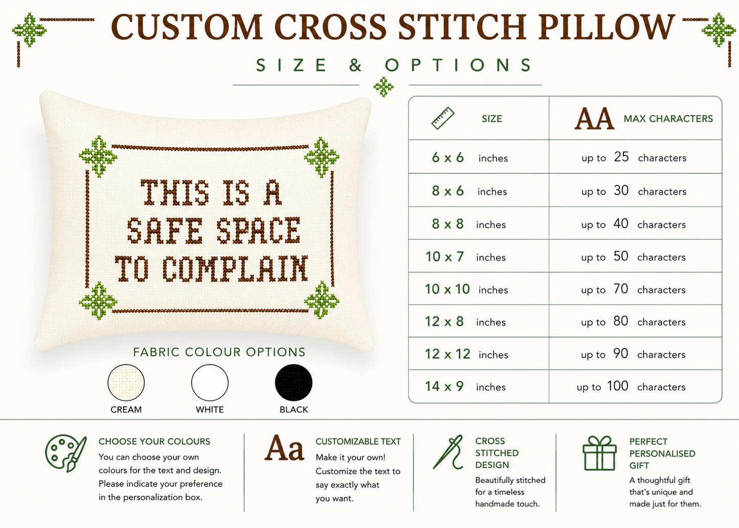 Custom cross stitch pillow with customizable text and size options on a white background.