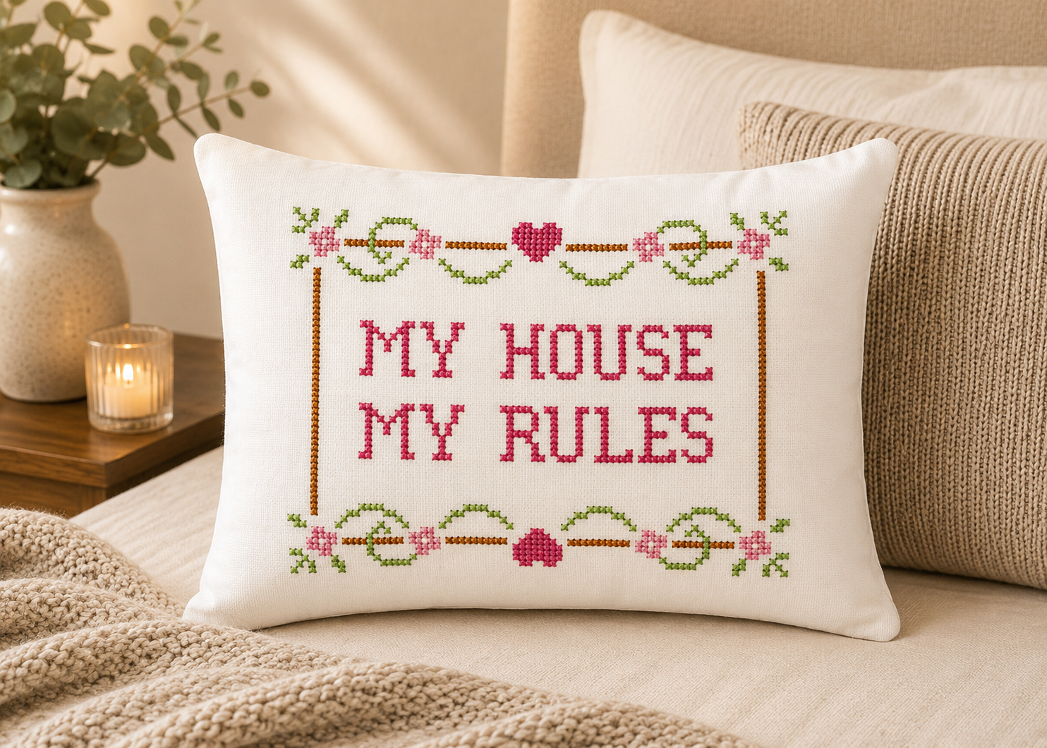 Decorative pillow with cross-stitched text 'My House My Rules' on a bed.