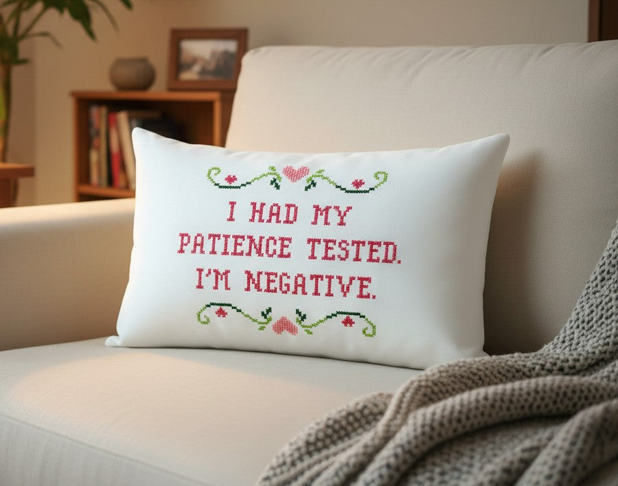 Decorative pillow with text on a couch
