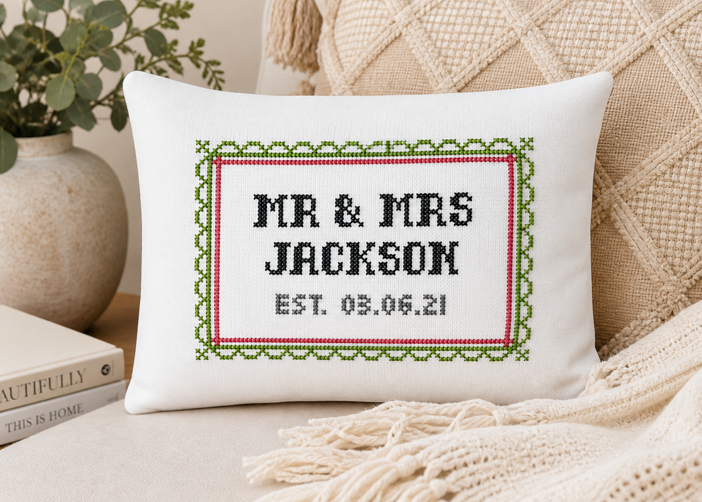 Decorative pillow with 'Mr & Mrs Jackson' text on a couch