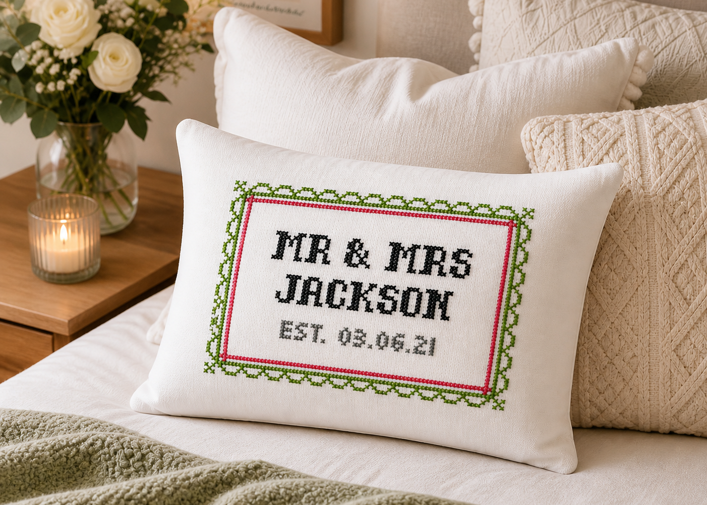 Decorative pillow with 'Mr & Mrs Jackson' embroidery on a couch with flowers and candle in the background