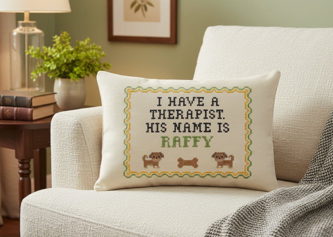 Decorative pillow with text on a couch in a living room setting